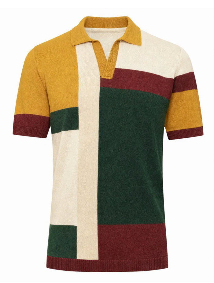 70s Color Block Geometric Jacquard Knit Polo