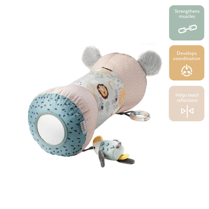 The Nuby Animal Adventures Tummy Time Pillow is a soft, cylindrical baby toy with animal prints, a mirror, plush ears, and a mouse-shaped rattle. Ideal for tummy time, it helps strengthen muscles and develop coordination and self-recognition.