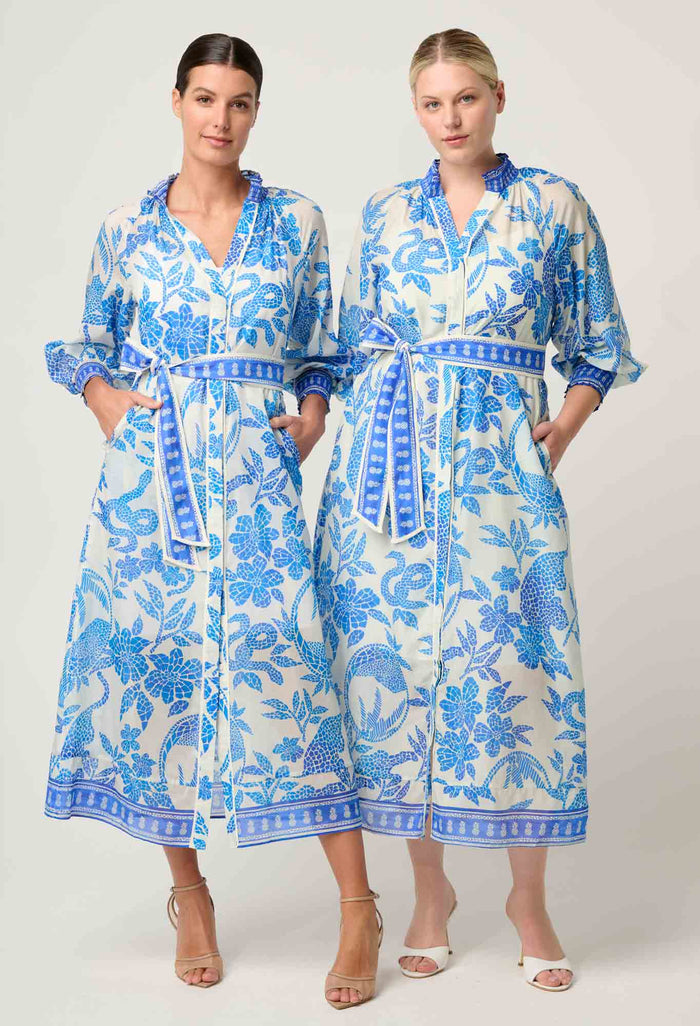 CARMEN SILK COTTON MAXI DRESS in exclusive print, Azure Mosaic from Once Was
