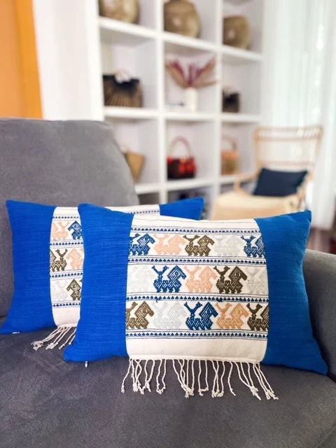 Elegant Blue Luang Prabang Pillow with Fringe 14x20 with insert