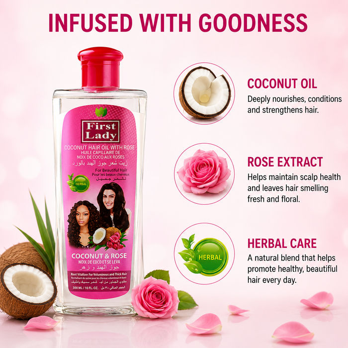 First Lady Coconut & Rose Hair Oil 300ml with Vitamin E | Deep Hair Nourishment, Shine & Scalp Care | Suitable for All Hair Types