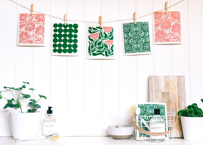 Flower - Green/Pink Swedish Dishcloth