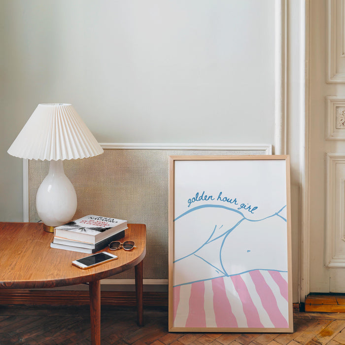 Golden Hour Girl Beach Print, Coastal Summer Wall Art, Preppy Beach Poster, Pink Blue Beach Decor, Minimal Coastal Aesthetic Wall Art