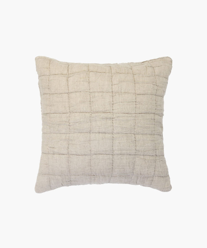 Square beige cotton-linen sham with puckered gauzy texture and subtle block quilting.