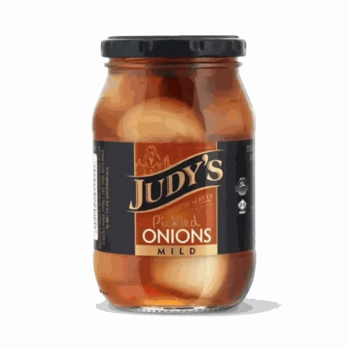 Judy's Mild Pickled Onions 410g jar with tangy, crunchy onions for snacking and recipes