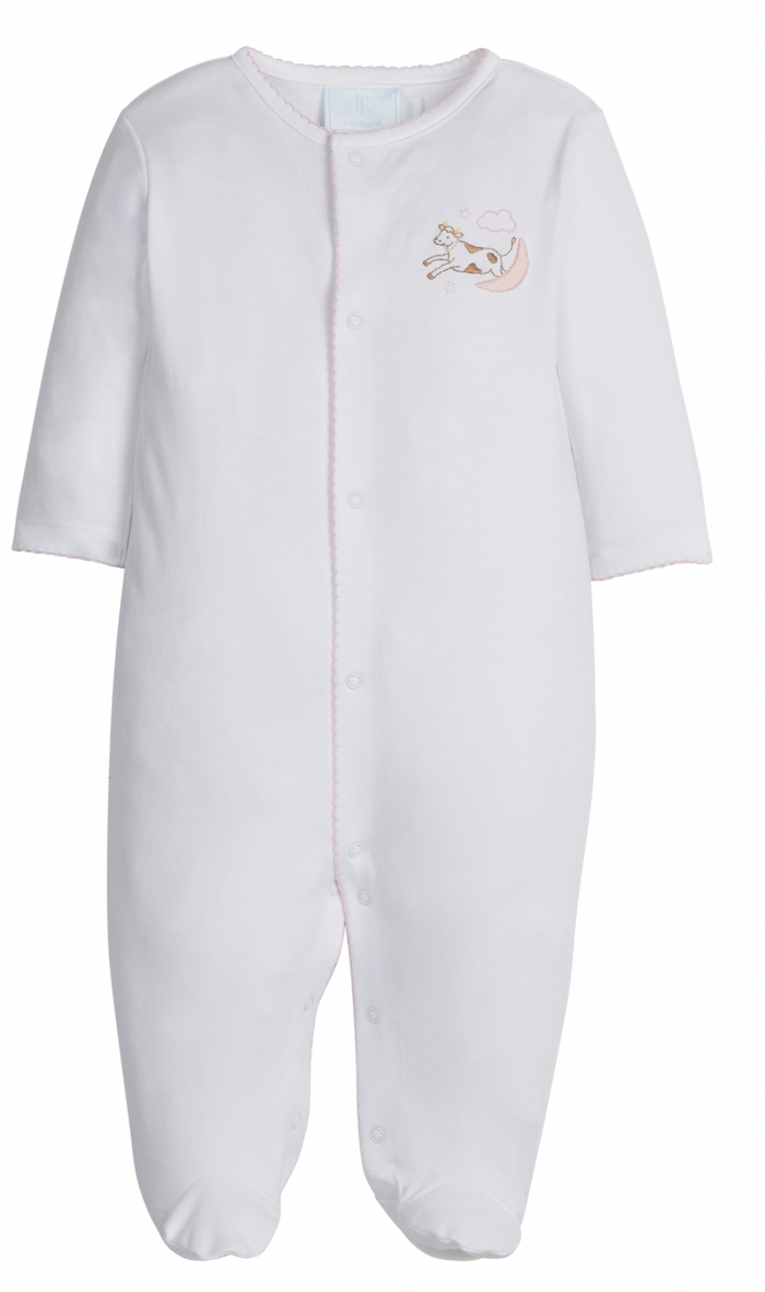 Little English Embroidered Zip Footie in Pink Cow Jumping Over the Moon