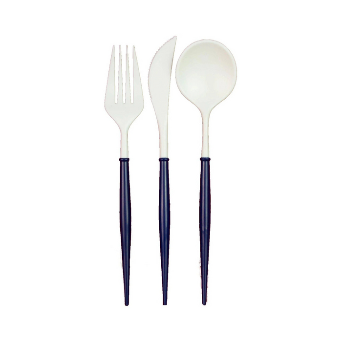 Navy plastic cutlery with fork, spoon, knife, 24 pieces, serves 8