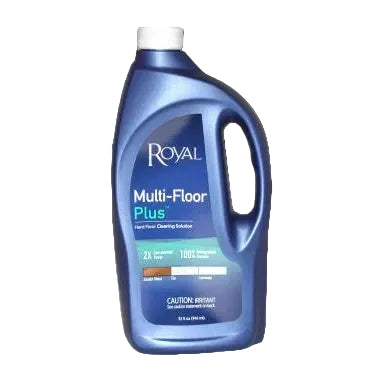 Blue bottle of Royal Multi-Floor Plus cleaning solution on a gray background