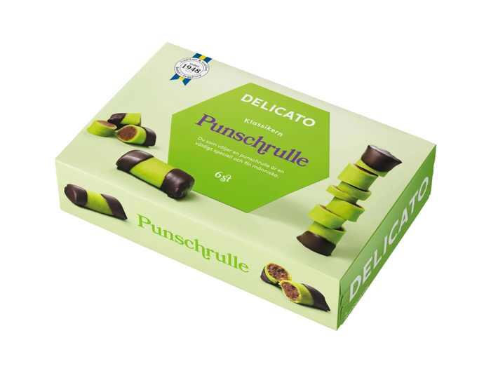 Delicato Punschrullar Dammsugare – classic Swedish marzipan pastries included in the Swedish Fika Box Small
