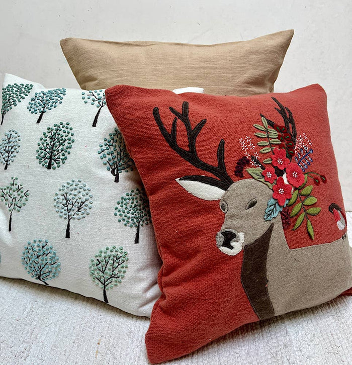 Whimsical Reindeer Robin Applique Pillow 16x16 with insert
