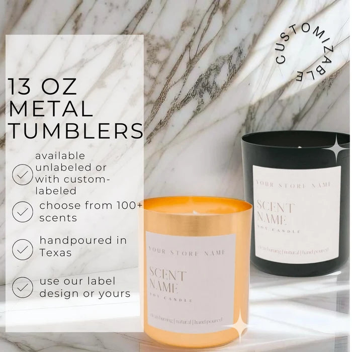 13oz Black Metal Tumbler Soy Candle (Unlabeled or Custom Label)