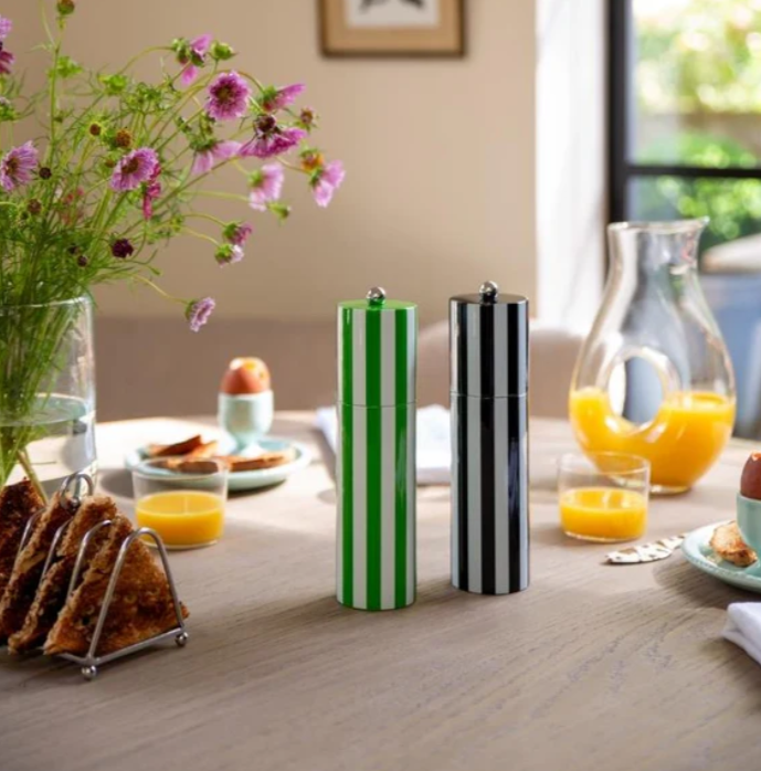 24cm Leaf Green & White Striped Salt/Pepper Grinder, High Gloss Lacquer, Addison Ross