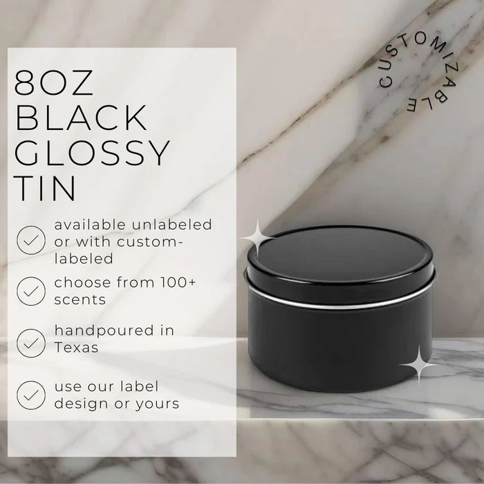 8oz Glossy Black Tin Soy Candle (Unlabeled or Custom Label)