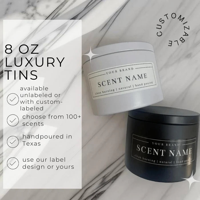 8oz Luxury Black -Straight Sided -  Tin Soy Candle (Unlabeled or Custom Label)