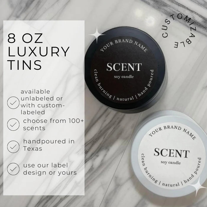 8oz Luxury White Curved Tin Soy Candle (Unlabeled or Custom Label)