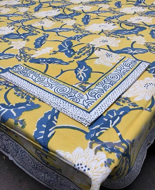 Asian Lotus Yellow Hand Block Print Round Tablecloth 86 inch