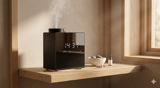 BeCandle Atomizing Aroma Diffuser BEC 2 on wooden shelf with digital display.