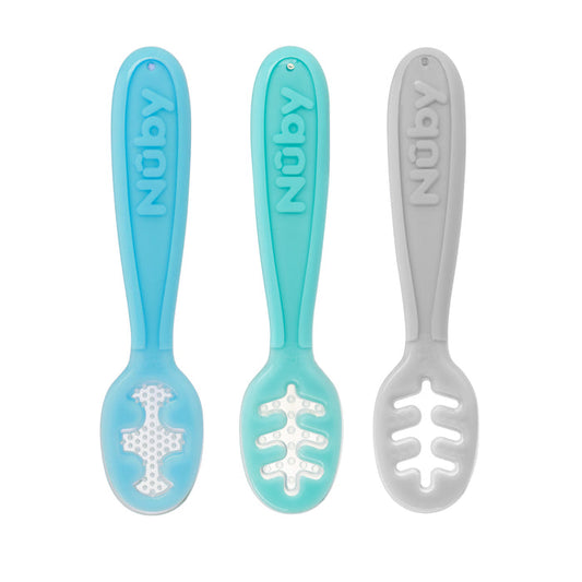 Nuby Baby's First Spoons in aqua, grey, and blue feature the brand’s name on the handle and special holes for easy self-feeding—ideal as first baby spoons or utensils.