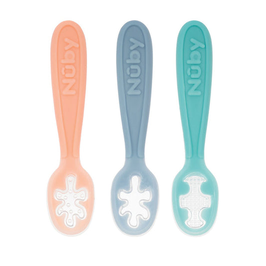The Nuby Baby's First Spoons set includes three self-feeding utensils in Aqua, Peach, and Light Blue, each with textured scoops and the Nuby name embossed on the handles—ideal for little ones learning to eat.