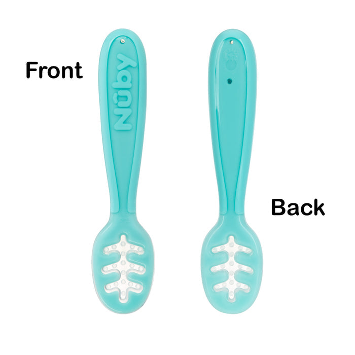 A light blue Baby’s First Spoon from Nuby is shown front and back, each with a rounded head, white accents, open slots, and “Nuby” on the handle—an ideal self-feeding utensil for little ones.
