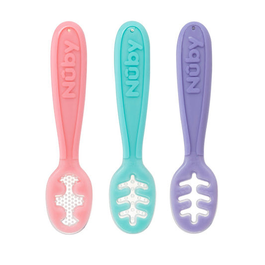 Nuby Baby's First Spoons in pink, aqua, and purple feature textured white tips, embossed handles, and unique cutout patterns on each scoop to encourage self-feeding.