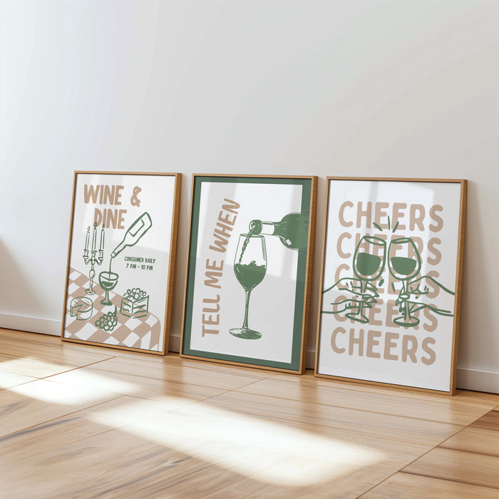 Bar Wall Art Set of 3, Cheers Wine Print, Tell Me When Wine Poster, Wine and Dine Decor, Funny Cocktail Kitchen Art, Bar Cart Prints