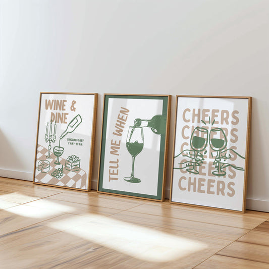 Bar Wall Art Set of 3, Cheers Wine Print, Tell Me When Wine Poster, Wine and Dine Decor, Funny Cocktail Kitchen Art, Bar Cart Prints