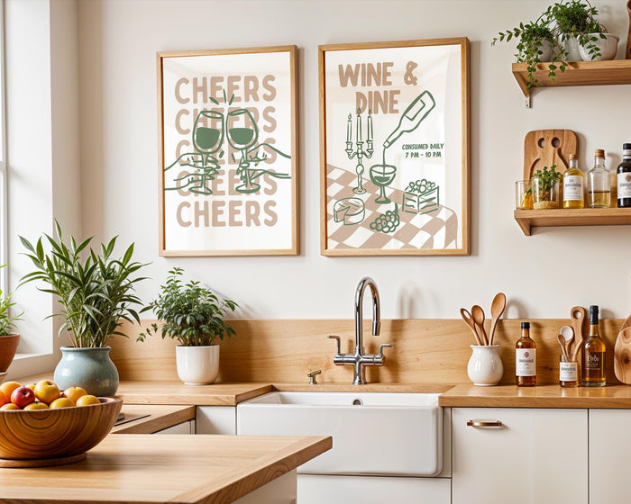 Bar Wall Art Set of 3, Cheers Wine Print, Tell Me When Wine Poster, Wine and Dine Decor, Funny Cocktail Kitchen Art, Bar Cart Prints