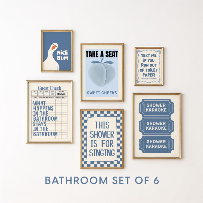 Bathroom Wall Art Set of 6, Blue Funny Bathroom Prints, Cute Toilet Humor Posters, Vintage Cottagecore Bathroom Decor, Digital Download