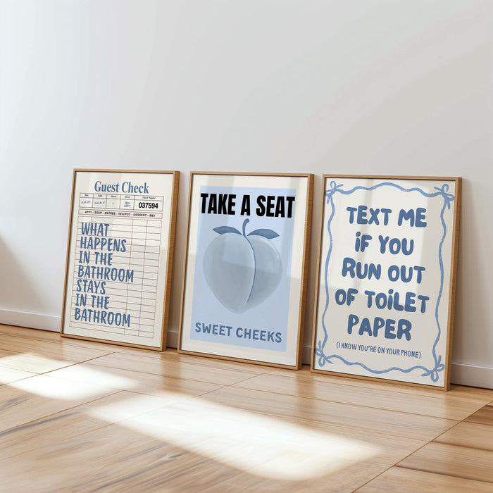 Bathroom Wall Art Set of 6, Blue Funny Bathroom Prints, Cute Toilet Humor Posters, Vintage Cottagecore Bathroom Decor, Digital Download