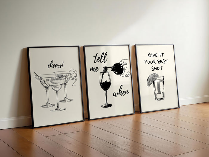 Black Bar Cart Wall Art Set Of 3 Trendy Bar Cart Decor Tequila Print Give It Your Best Shot Tell me when Print Modern Bar Cart Print DIGITAL