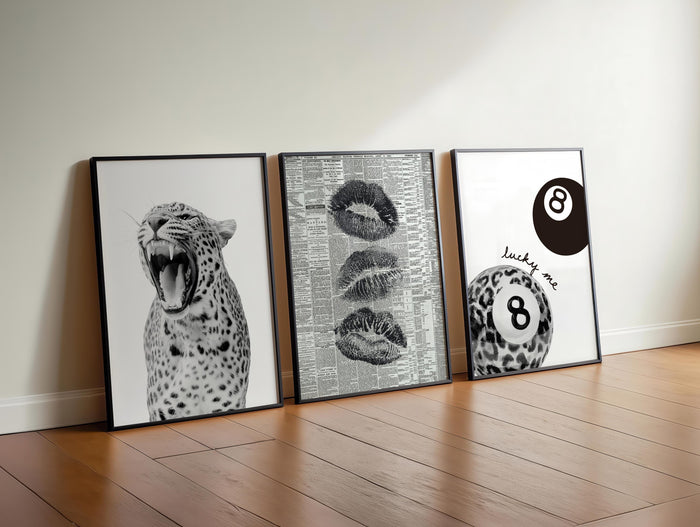 Black and White Leopard Gallery Wall Set of 3, Lucky Girl 8 Ball Art, Fashion Editorial Decor, Bold Monochrome Prints, Modern Printable Art