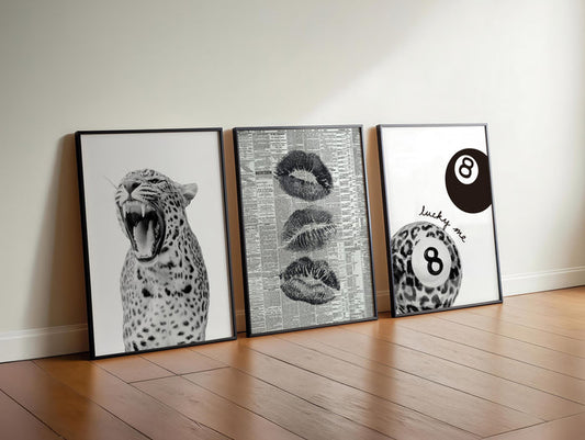 Black and White Leopard Gallery Wall Set of 3, Lucky Girl 8 Ball Art, Fashion Editorial Decor, Bold Monochrome Prints, Modern Printable Art