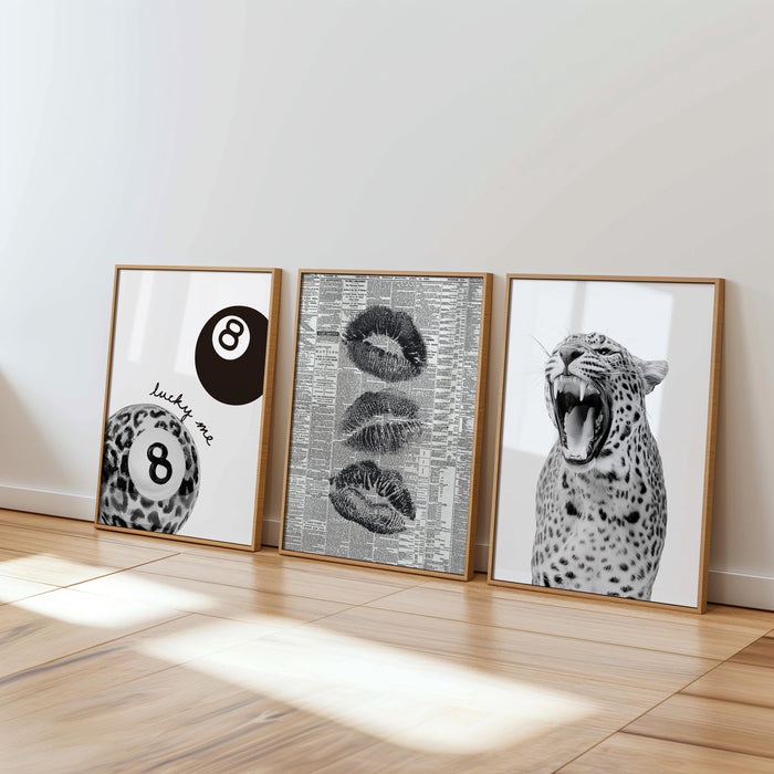 Black and White Leopard Gallery Wall Set of 3, Lucky Girl 8 Ball Art, Fashion Editorial Decor, Bold Monochrome Prints, Modern Printable Art