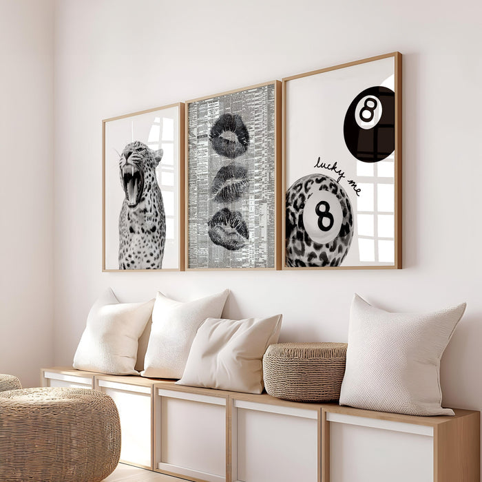 Black and White Leopard Gallery Wall Set of 3, Lucky Girl 8 Ball Art, Fashion Editorial Decor, Bold Monochrome Prints, Modern Printable Art