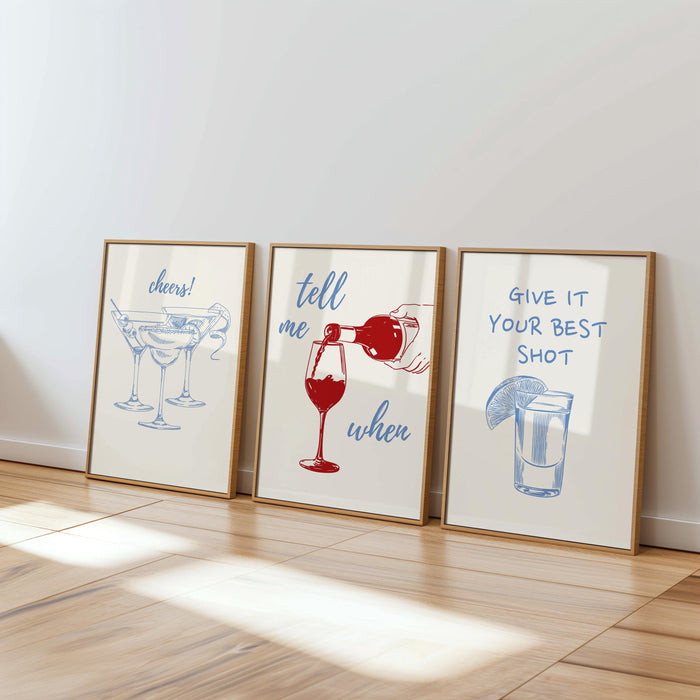 Blue Bar Cart Wall Art Set Of 3 Trendy Bar Cart Decor Tequila Print Give It Your Best Shot Tell me when Print Modern Bar Cart Print DIGITAL
