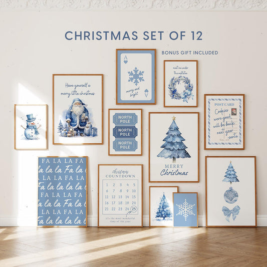 Christmas Wall Art Set of 12, Blue Holiday Prints, Minimalist Xmas Decor Bundle, Winter Printable Wall Art, Modern Christmas Posters DIGITAL