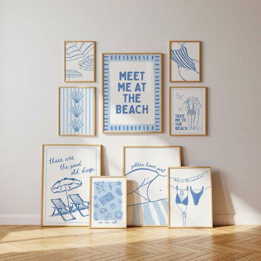 Blue Coastal Gallery Wall Set, Beach House Wall Art, Hamptons Style Decor, Meet Me At The Beach Print Set, Trendy Coastal Bundle Print Set