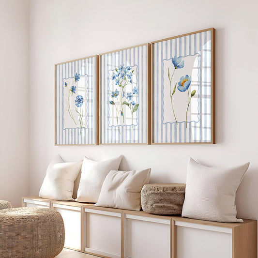 Spring Blue Floral Wall Art Set of 3 Printable, Striped Botanical Flower Prints, Coastal Cottage Gallery Wall Decor for Living Room Bedroom