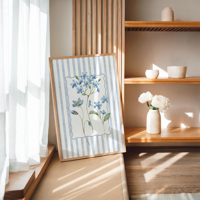 Spring Blue Floral Wall Art Set of 3 Printable, Striped Botanical Flower Prints, Coastal Cottage Gallery Wall Decor for Living Room Bedroom