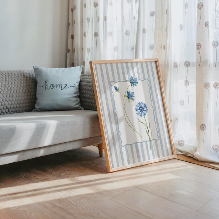 Spring Blue Floral Wall Art Set of 3 Printable, Striped Botanical Flower Prints, Coastal Cottage Gallery Wall Decor for Living Room Bedroom