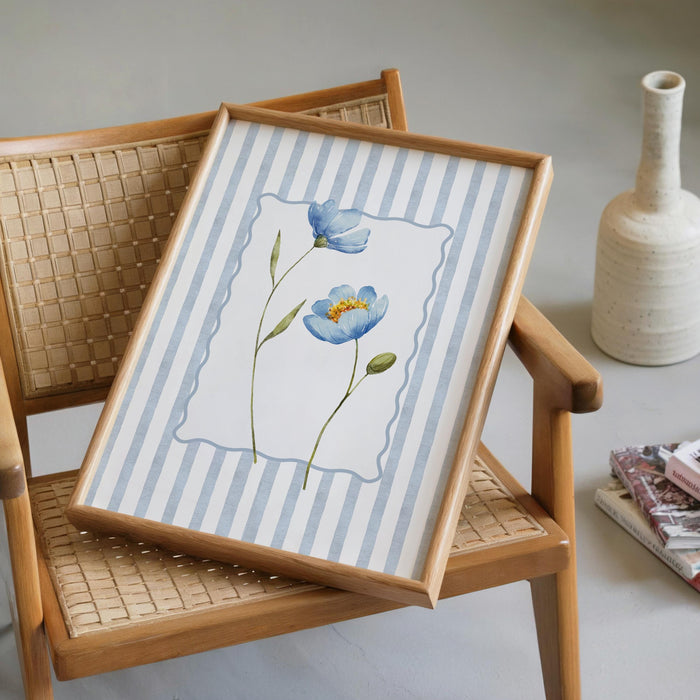 Spring Blue Floral Wall Art Set of 3 Printable, Striped Botanical Flower Prints, Coastal Cottage Gallery Wall Decor for Living Room Bedroom