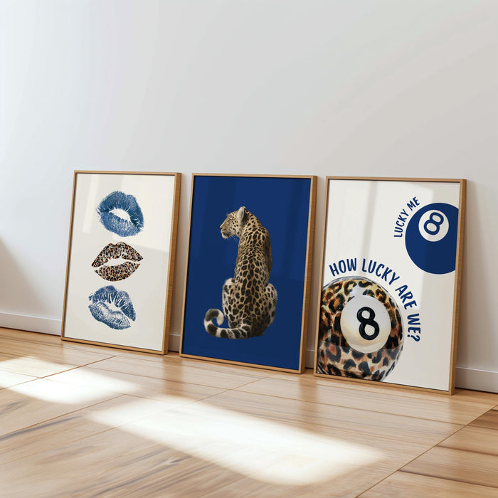 Blue Leopard Wall Art Set, How Lucky Are We Poster, 8 Ball Lucky Me Print, Fashion Animal Art, Modern Chic Gallery Print, Trendy Wall Art