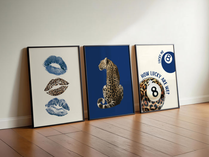 Blue Leopard Wall Art Set, How Lucky Are We Poster, 8 Ball Lucky Me Print, Fashion Animal Art, Modern Chic Gallery Print, Trendy Wall Art