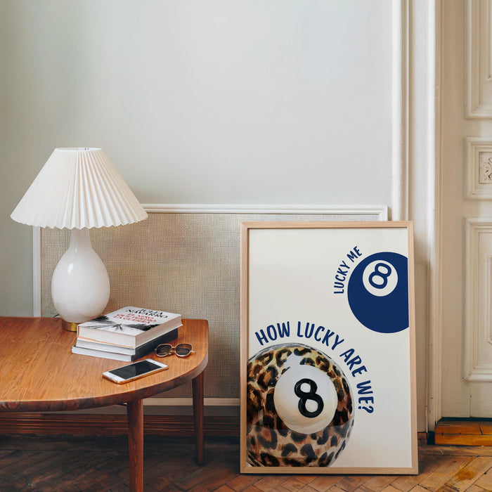 Blue Leopard Wall Art Set, How Lucky Are We Poster, 8 Ball Lucky Me Print, Fashion Animal Art, Modern Chic Gallery Print, Trendy Wall Art