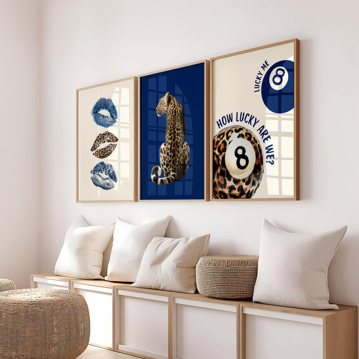 Blue Leopard Wall Art Set, How Lucky Are We Poster, 8 Ball Lucky Me Print, Fashion Animal Art, Modern Chic Gallery Print, Trendy Wall Art