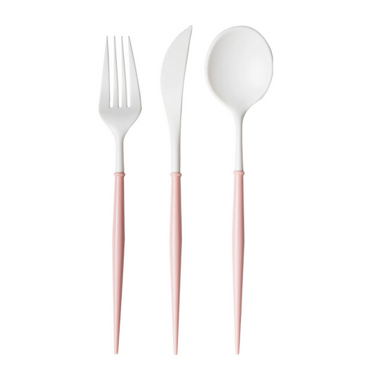 Blush pink plastic cutlery set with fork, knife, spoon, serves 8, 24 pieces