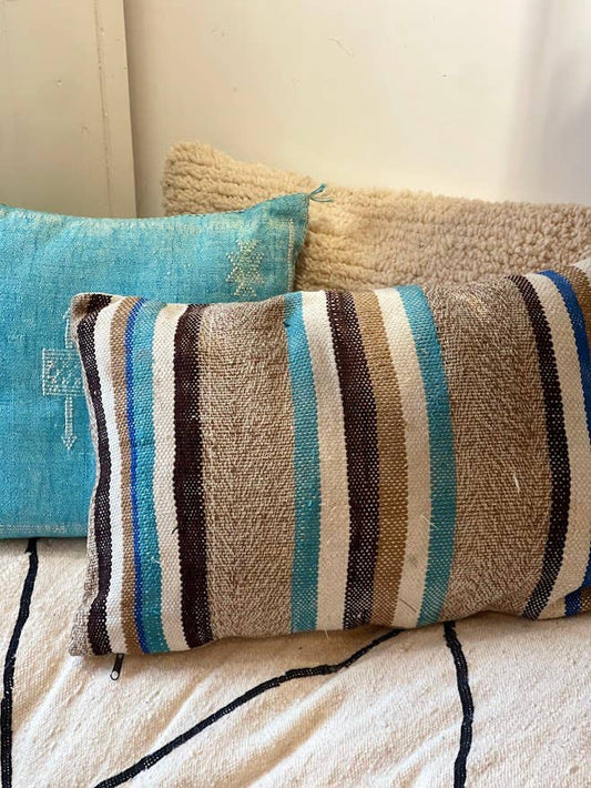 Bohemian Blue Stripe Cactus Silk Moura Pillow with insert