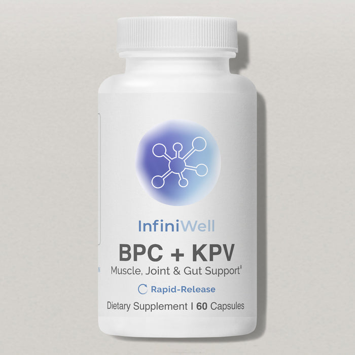 White bottle of InfiniWell BPC + KPV rapid-release dietary supplement, 60 capsules, front label on a light gray background