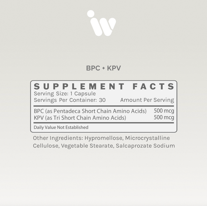 BPC + KPV supplement facts panel showing serving size, ingredients, dosage information, and other ingredients